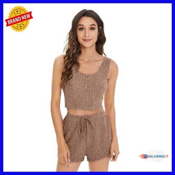 Ribbed Knit Button Front Tank & Shorts Pajama Set - Soft Lounge Wear - Picture 3 of 7